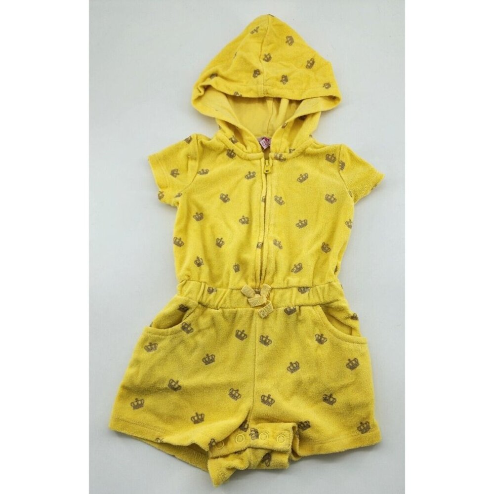 Juicy Couture Baby Girl Zip Front Hooded Romper Terry Cloth Yellow Crowns Sz 18M